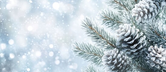 Leinwandbilder - Winter snowy pine Christmas tree scenery Fir branches adorned with hoar frost create a Wonderland The wintry season is approaching for the New Year Serene blurred snowflakes form a winter background