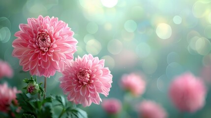 Wall Mural - Beautiful pink dahlias blooming in a serene garden during late spring with soft sunlight filtering through the trees