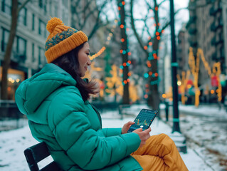 Sticker - A woman in a green jacket and yellow hat is sitting on a bench in the snow. She is looking at her phone, which is displaying a calendar