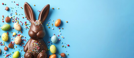 Aufkleber - Chocolate bunny and candy with colored sugar sprinkles on a blue background top view Easter arrangement Easter chocolate bunny Celebratory sweet treat Chocolate figure Sweets. with copy space image