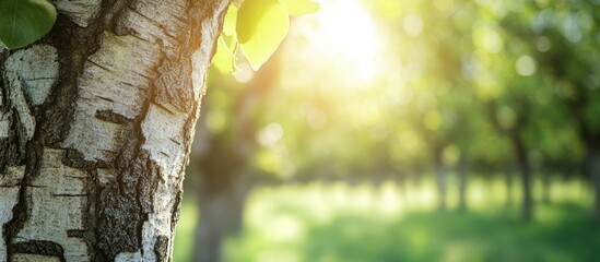Poster - Whitewashed bark of fruit trees in a sunny orchard garden against a blurred green copyspace background Concept of gardening and agriculture as a protective measure