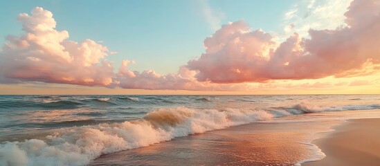 Aufkleber - Baltic Sea beneath vibrant pink and golden sunset clouds A perspective from the sandy beach Waves and water splashes Stunning seascape Perfect summer scene Meteorology ecology environmental protectio