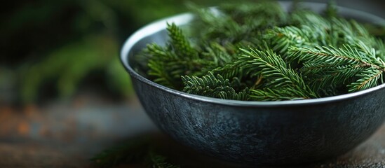 Poster - Close up image of a metal bowl filled with freshly gathered tips of a coniferous tree in spring. with copy space image. Place for adding text or design