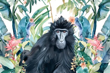 Wall Mural - Watercolor Illustration of a Monkey in Tropical Foliage.