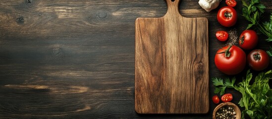 Poster - Prepare a meal Create a mock up for a menu or recipe Wooden cutting board positioned next to ingredients on a dark wooden background top view. with copy space image. Place for adding text or design