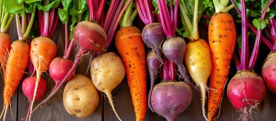 Wall Mural - Close up of a row of root vegetables on a tabletop. with copy space image. Place for adding text or design