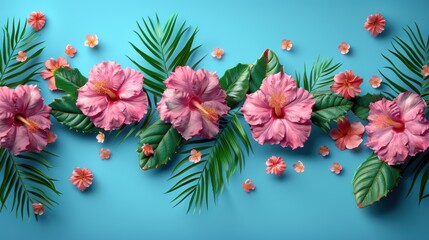 Wall Mural - Vibrant arrangement of pink hibiscus flowers with tropical leaves on a blue background