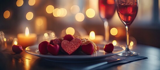 Valentine s Day romantic dinner celebration Selective focus Holiday. with copy space image. Place for adding text or design