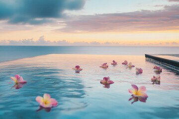 Wall Mural - The infinity pool features floating flowers, offering a serene view of the ocean as the sun sets on the horizon, creating a peaceful atmosphere