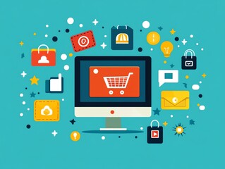 Online shopping concept with computer and icons.