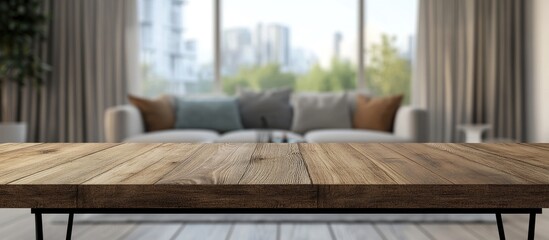 Aufkleber - Modern minimalist Scandinavian living room viewed through a blurred wooden tabletop ideal for advertising and product displays. with copy space image. Place for adding text or design