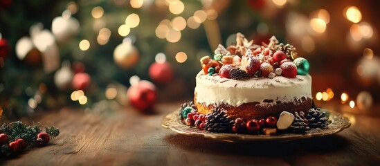 Poster - Christmas cake on an ornate table for New Year s Eve. with copy space image. Place for adding text or design