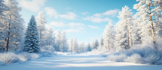 Poster - Sunny winter forest featuring pine trees blanketed in snow under a blue sky. with copy space image. Place for adding text or design