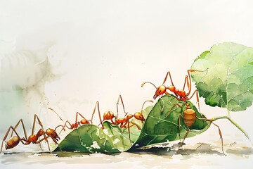 Canvas Print - Red Ants Working Together to Carry a Large Leaf.