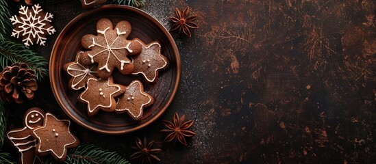 Poster - gingerbread on the holiday table New Year s dessert sweet treat christmas delicious serving size portion top view copy space for text food backdrop rustic