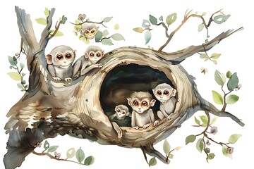 Sticker - Watercolor Painting of a Family of Monkeys in a Tree Trunk.