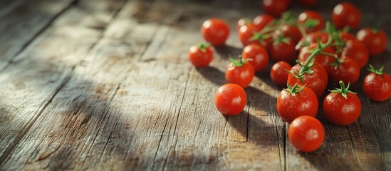 Leinwandbilder - Fresh ripe mini organic tomatoes on a weathered wooden surface. with copy space image. Place for adding text or design