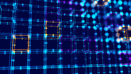 Poster - Big Data 3D Cubes Quantum Computer Server Concept Background. 3D Blockchain Cube Blocks Concept. Data Core Abstract Cubes. Artificial Intelligence HUD Design Element.