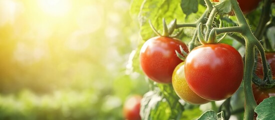 Poster - Ripe organic tomatoes in the garden are ready for harvest showcasing beautiful red heirloom tomatoes cultivated in a greenhouse Gardening tomato image featuring copyspace with selective focus