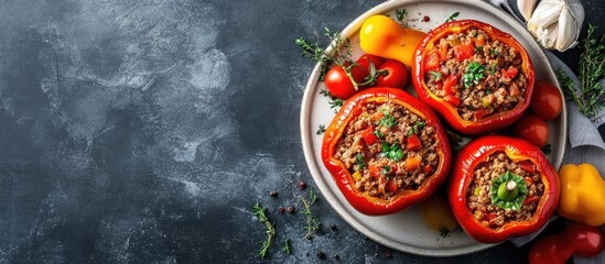 Aufkleber - Stuffed pepper with minced meat vegetables and tomato sauce Copyspace Top view