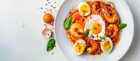 Fototapete - Spicy seafood spaghetti with shrimp and eggs on a white plate background Traditional Italian cuisine tasty food with great flavor. with copy space image. Place for adding text or design