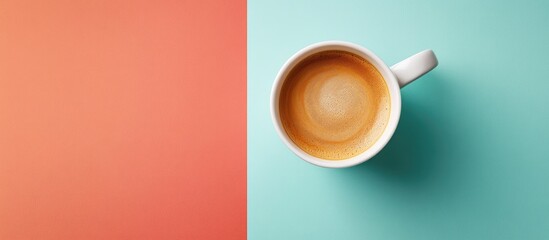 Aufkleber - Ceramic cup filled with hot aromatic coffee on a colored background top view. with copy space image. Place for adding text or design