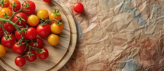 Aufkleber - Top view of a wooden plate and cutting board featuring small fresh ripe red and yellow tomatoes on a brown crumpled paper backdrop Copy space