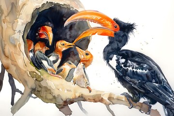 Wall Mural - Watercolor Painting of a Hornbill with its Chicks in a Tree.