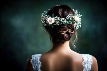 The bride, dressed in lace, stands gracefully with her back turned, showcasing her delicate floral crown amidst a tranquil backdrop