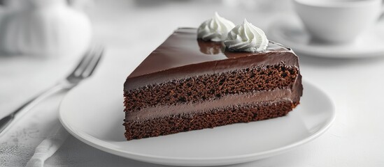 Poster - A slice of chocolate cake with ganache on a white table Copyspace