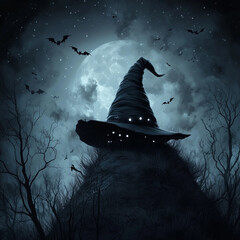 Canvas Print - Witch hat on a dark moonlit hilltop