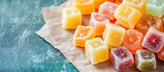 textured stylish vintage paper background square featuring candied fruit. with copy space image. Place for adding text or design