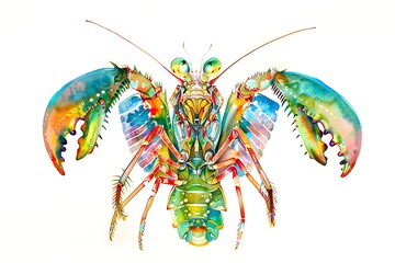 Canvas Print - Colorful Watercolor Illustration of a Mantis Shrimp with Claws Extended.