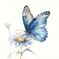 Poster - Blue Morpho Butterfly Landing on a Daisy Flower - Watercolor Illustration.