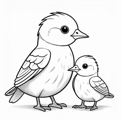 Wall Mural - black and white digital illustration of bird and baby bird.