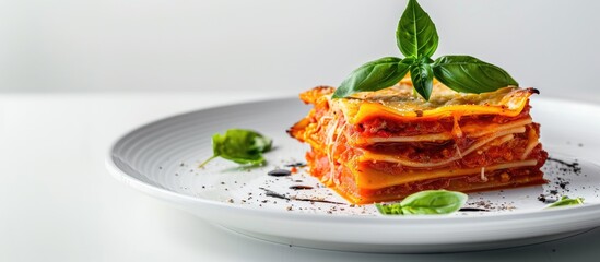 Fototapete - Lasagna Homemade Italian lasagna featuring bolognese meat sauce cheese and basil on a white plate Close up. with copy space image. Place for adding text or design