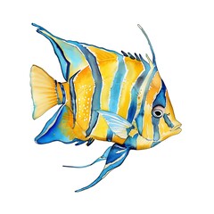 Watercolor Illustration of a Vibrant Yellow and Blue Angelfish.