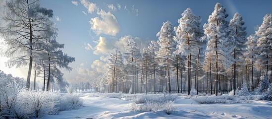 Poster - Winter larch woodland and azure sky. with copy space image. Place for adding text or design