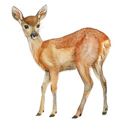 Wall Mural - Watercolor Illustration of a Fawn Standing on a White Background.