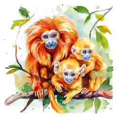 Sticker - Watercolor Painting of a Golden Lion Tamarin Family in the Rainforest.