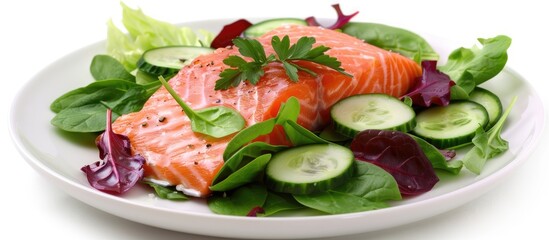 Poster - Salmon salad featuring cucumber spinach mizuna and radicchio Healthy meal diet friendly Salted salmon presented on a contemporary plate against a white background. with copy space image