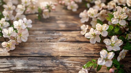 Wall Mural - Delicate cherry blossom flowers surround a rustic wooden table in spring's gentle embrace