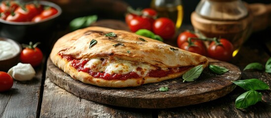Aufkleber - Italian cuisine stuffed calzone pizza on a rustic wooden surface In the background are small red tomatoes mozzarella basil and olive oil. with copy space image. Place for adding text or design