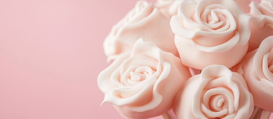 Poster - Bouquet of marshmallow roses set against a pink background Romantic treat Sweet gift Copy space