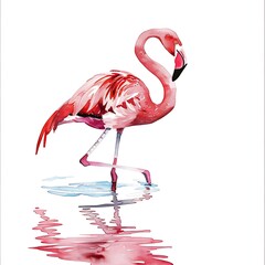 Sticker - Watercolor Illustration of a Pink Flamingo Standing in Water.