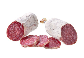 Wall Mural - slices of Spanish Fuet thin dried salami sausage isolated on a white background.