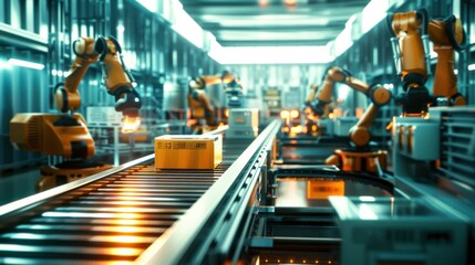 automated robotic arms efficiently sort and package items moving along a conveyor belt in a cutting-