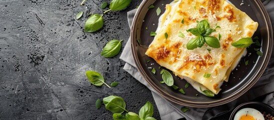 Aufkleber - Cannelloni pasta with egg sauce cream cheese and oregano leaves on a gray concrete backdrop Side view copyspace