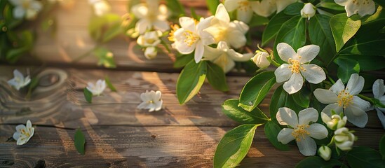 Poster - Spring flowering branch on a wooden surface Jasmine. with copy space image. Place for adding text or design