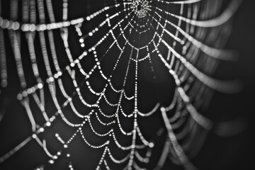 Close-up of a spider web with dew drops.